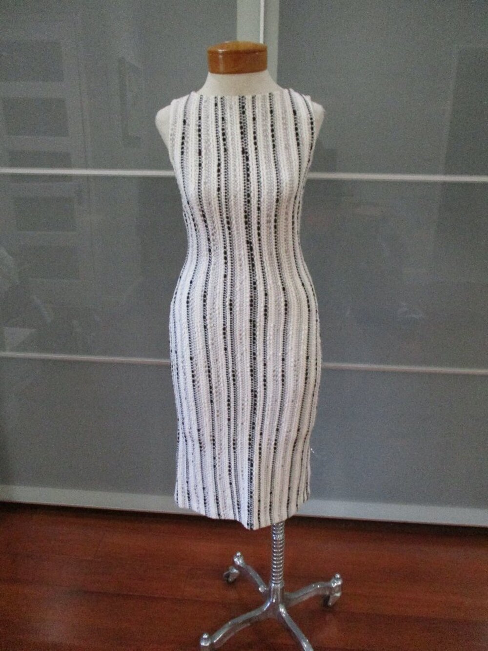 St. John Collection Sleeveless Textured Knit Striped Wiggle Midi Dress